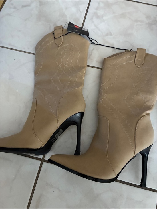 Forever 21 Shoes - Forever 21 Tan and Black Pointed-Toe Mid-Calf Heeled Boots